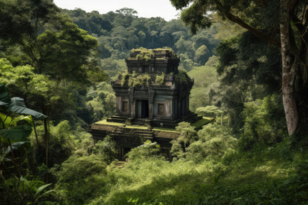 ancient temple surrounded by lush greenery, with glimpses of the surrounding landscape visible, created with generative aiの素材