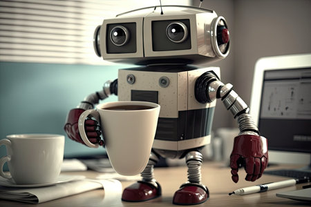cute robot assistant, bringing cup of coffee to busy executive in office, created with generative aiの素材