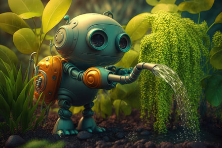 cute robot watering plants in garden with water hose, created with generative aiの素材
