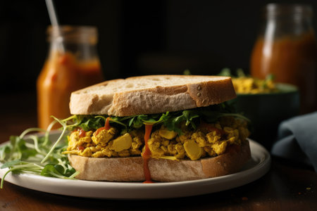 tofu scramble sandwich, served on whole wheat roll with sprouts and hot sauce, created with generative aiの素材