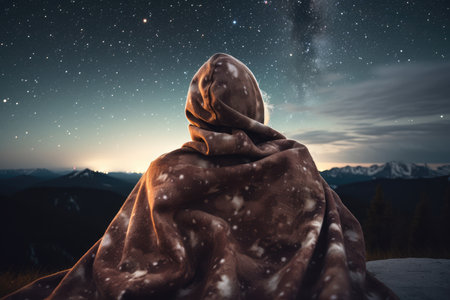 person, enveloped in warm and comforting blanket, with view of expansive night sky and stars, created with generative aiの素材