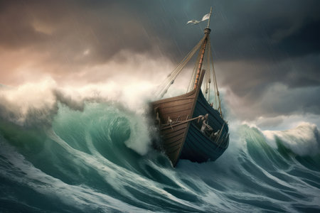viking ship on stormy ocean, with waves crashing against its hull, created with generative aiの素材