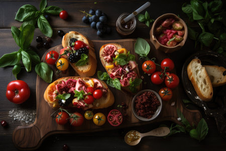 Foto de plate of bruschetta, topped with an assortment of fresh ingredients, created with generative ai - Imagen libre de derechos