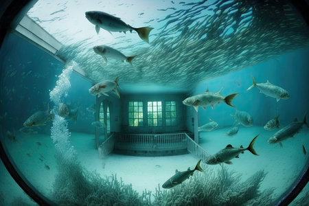 swimming pool with underwater view of schools of fish swimming past, created with generative aiの素材