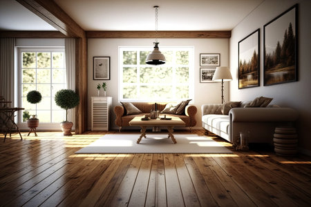 beautiful and spacious living room with wooden hardwood floor, created with generative aiの素材