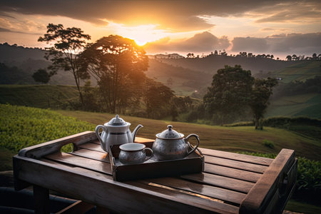 teapot and tray set on wooden table, with view of sunset over the tea plantation, created with generative aiの素材