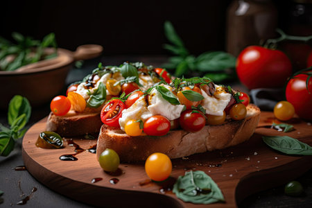 serving of brushetta with juicy cherry tomatoes, fragrant basil and creamy burrata cheese, created with generative aiの素材