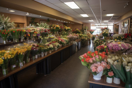 flower shop, with arrangements and bouquets for all occasions, including weddings, graduations and birthdays, created with generative aiの素材