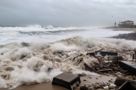 waves crashing against beach, bringing with them debris and pollution, created with generative aiの素材