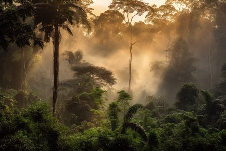 smoky jungle at dusk, with the rays of the setting sun shining through the trees, created with generative aiの素材