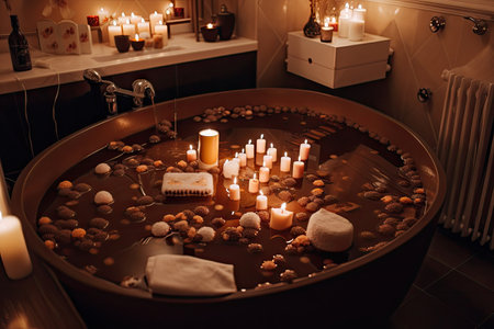 chocolate bath with bubbles, scented candles, and music for ultimate relaxing experience, created with generative aiの素材