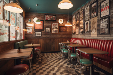 fast food restaurant with retro decor, featuring vintage signs and wallpaper, created with generative aiの素材