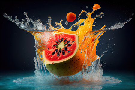 a juicy summer fruit splashing into a pool of water, created with generative aiの素材