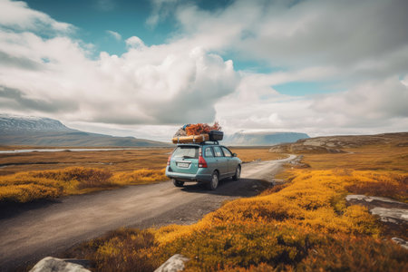 car with suitcases on the roof, driving through beautiful landscape, created with generative aiの素材