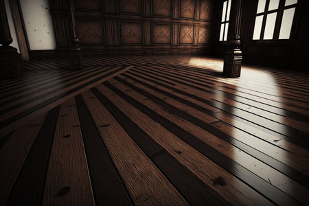 wooden hardwood floor with darker grained stripes and beams, created with generative aiの素材