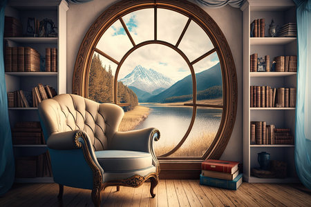 luxurious armchair surrounded by bookshelves and window with view, created with generative aiの素材