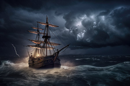 pirate ship sails through stormy sea, with lightning and thunder in the background, created with generative aiの素材