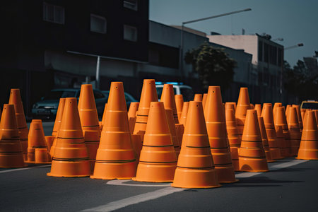 a stack of traffic cones, ready for a construction zone, created with generative aiの素材
