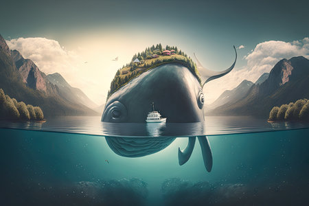 a surreal float island in the shape of a giant whale with its eye peeking out of the water, created with generative aiの素材