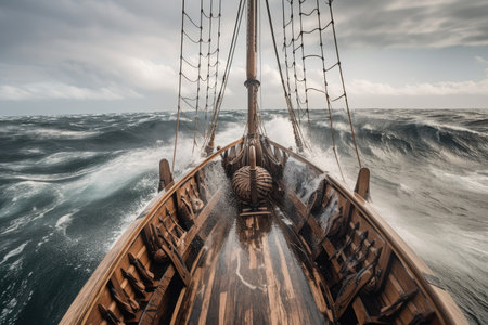 seach of viking ship in an open sea, waves splashing against the hull, created with generative aiの素材
