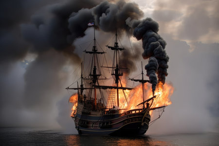 a pirate ship in flames, with smoke billowing into the air, created with generative aiの素材