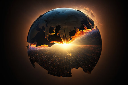 a sun rising over a globe, casting rays of light that illuminate the different continents., created with generative aiの素材