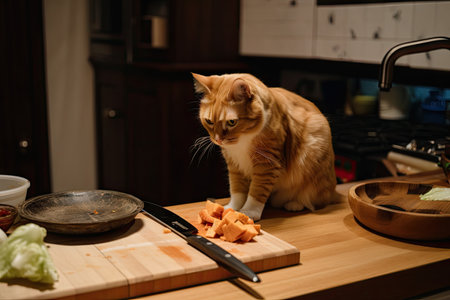 cat sous-chef slicing, dicing, and chopping ingredients for delectable meal, created with generative aiの素材