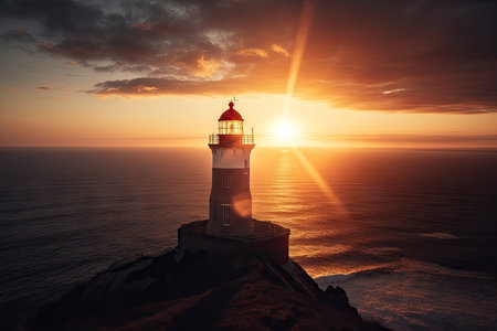 lighthouse, with view of the sun rising over the horizon, casting its warm light on the world, created with generative aiの素材
