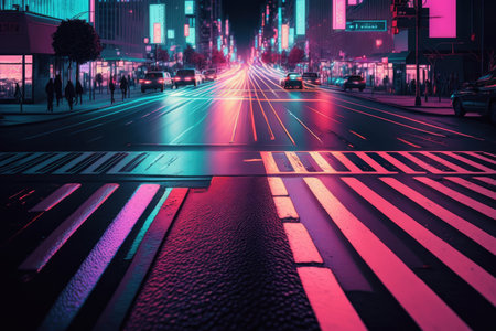 neon crosswalk with busy city street in the background, created with generative aiの素材
