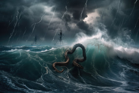stormy ocean with kraken emerging from the depths, lightning striking in the background, created with generative aiの素材