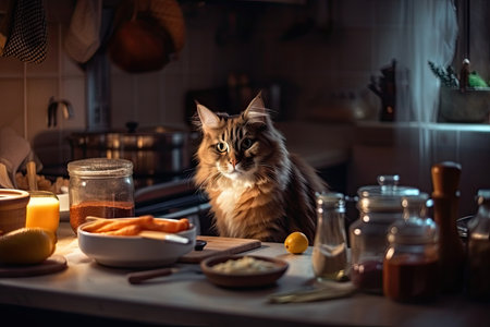 cat chef preparing dinner for friends and family in cozy kitchen, created with generative aiの素材