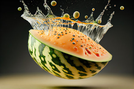 melon slice flying through the air, with water droplets suspended in midair, created with generative aiの素材