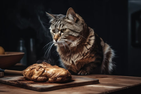 cat chef roasting chicken on a wooden board, created with generative aiの素材