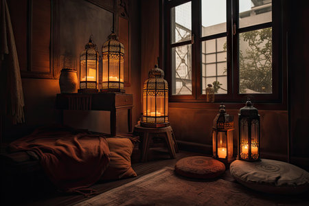 a warm, cozy room with lanterns casting a soft glow and shining through the window, created with generative aiの素材