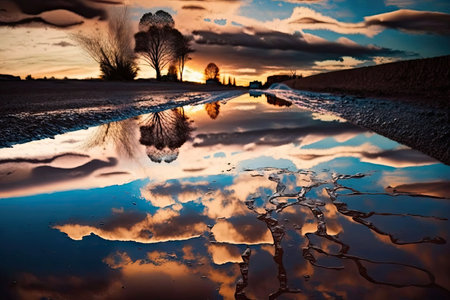 reflections of the sky in puddle after a rain storm, created with generative aiの素材