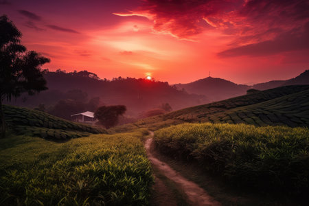 tea plantation at sunset with orange and pink hues streaking the sky, created with generative aiの素材
