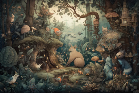 a whimsical forest filled with magical creatures and otherworldly elements, created with generative aiの素材