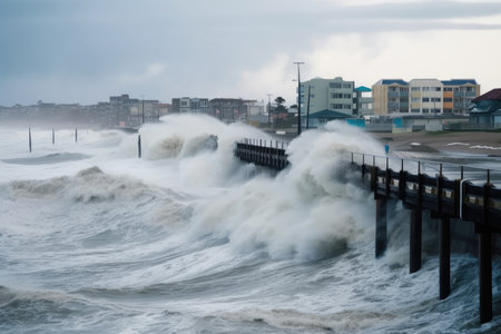 tsunami waves crash over seawalls, flooding coastal cities and towns, created with generative aiの素材