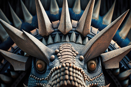 close-up of stegosaurus face, with its distinctive plates and teeth visible, created with generative aiの素材