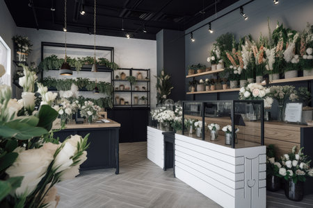 modern flower shop with sleek design and contemporary decor, created with generative aiの素材