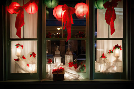 window display with red and green lanterns, wreath, and bow on a white curtain, created with generative aiの素材