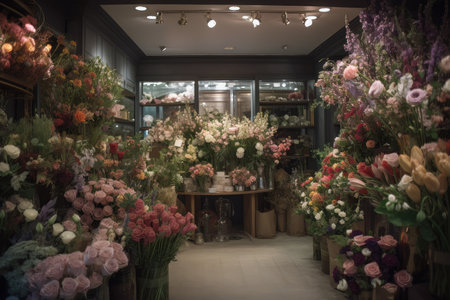 large flower shop, showcasing an array of beautiful and unique blooms, created with generative aiの素材