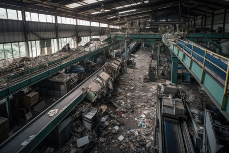 e-waste recycling facility, with conveyor belt system and sorters sorting through e-waste, created with generative aiの素材