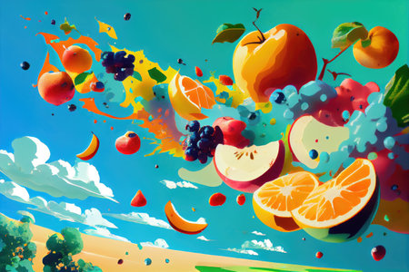 juicy fruits splashed flying in the hot summer day, with a view of the blue sky and green trees, created with generative aiの素材
