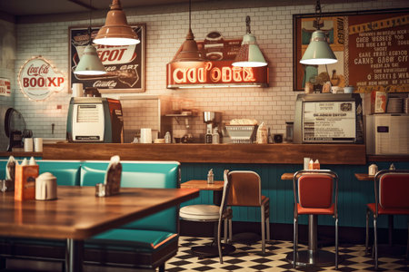fast food restaurant with vintage sign and retro decor, created with generative aiの素材