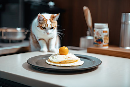 cat chef whipping up a delicious breakfast of pancakes and eggs for hungry customers, created with generative aiの素材