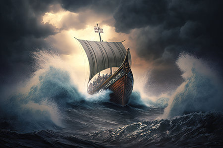 viking ship sailing on a stormy sea, with waves crashing against the hull and lightning striking in the distance, created with generative aiの素材