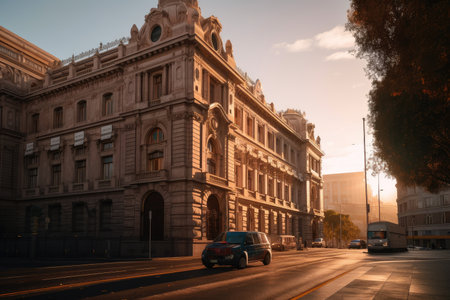 classical and historical building, with view of bustling city street, during golden hour, created with generative aiの素材