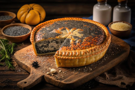 traditional hearty tyrolean pie with poppy seeds baked in oven., created with generative aiの素材