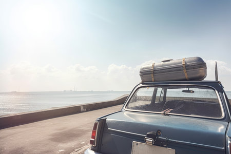 suitcase on roof of car with view of sunny beach as the destination, created with generative aiの素材